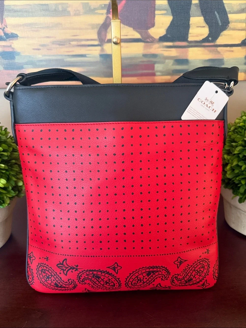 COACH F55961🖤❤️CHARLES❤️🖤RED/BLACK BANDANA LEATHER UNISEX CROSSBODY BAG🌟NWT🌟